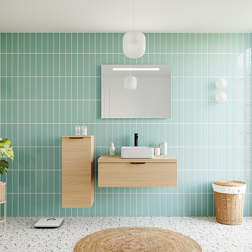 Meuble de salle de bains 90 cm Chêne clair - 1 tiroir - vasque carrée + miroir + demi-colonne ouverture à gauche - Loft