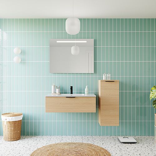 Meuble de salle de bains 90 cm Chêne clair - 1 tiroir - simple vasque + miroir + demi-colonne ouverture à droite - Loft