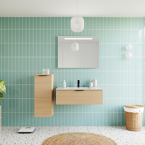 Meuble de salle de bains 90 cm Chêne clair - 1 tiroir - simple vasque + miroir + demi-colonne ouverture à gauche - Loft