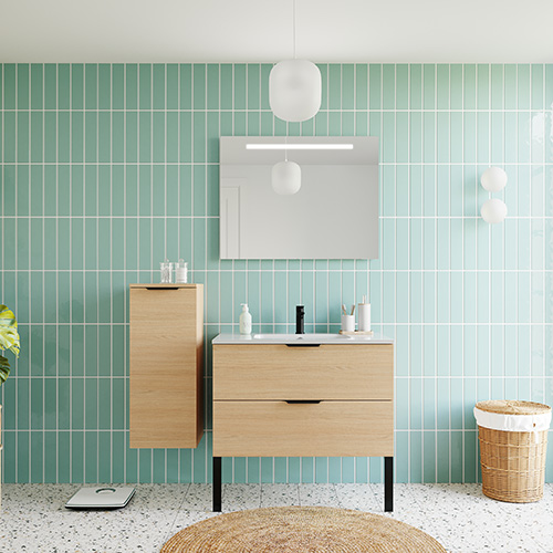 Meuble de salle de bains 90 cm Chêne clair - 2 tiroirs - simple vasque - Loft