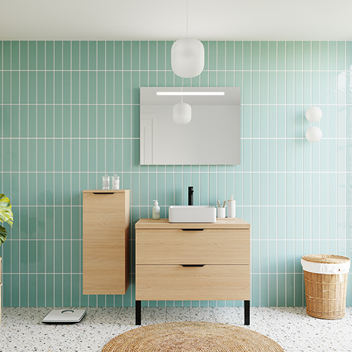 Meuble de salle de bains 90 cm Chêne clair - 2 tiroirs - vasque carrée + miroir - Loft