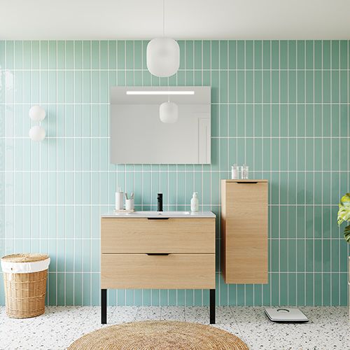 Meuble de salle de bains 90 cm Chêne clair - 2 tiroirs - simple vasque + miroir + demi-colonne ouverture à droite - Loft