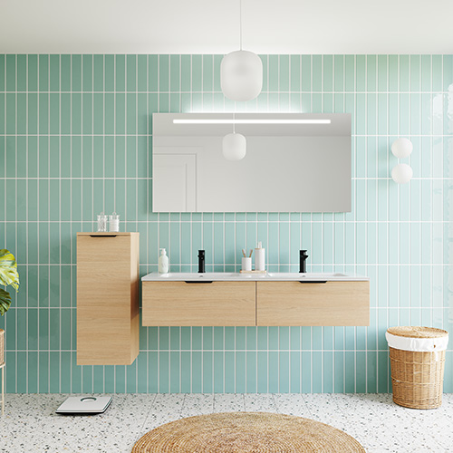 Meuble de salle de bains 140 cm Chêne clair - 2 tiroirs - double vasque + miroir - Loft