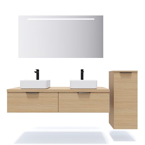 Meuble de salle de bains 140 cm Chêne clair - 2 tiroirs - 2 vasques carrées + miroir + demi-colonne ouverture à droite - Loft