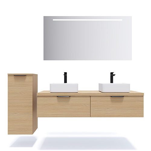 Meuble de salle de bains 140 cm Chêne clair - 2 tiroirs - 2 vasques carrées + miroir + demi-colonne ouverture à gauche - Loft