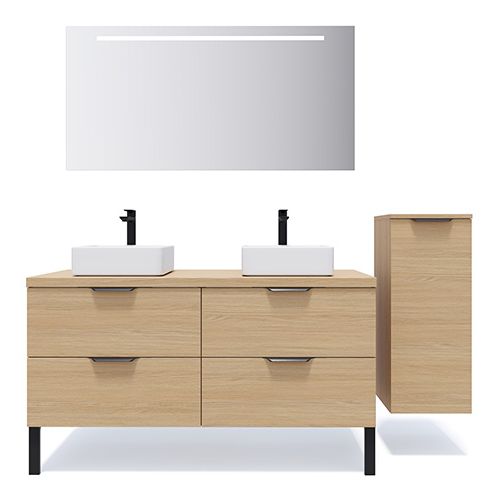 Meuble de salle de bains 140 cm Chêne clair - 4 tiroirs - 2 vasques carrées + miroir + demi-colonne ouverture à droite - Loft