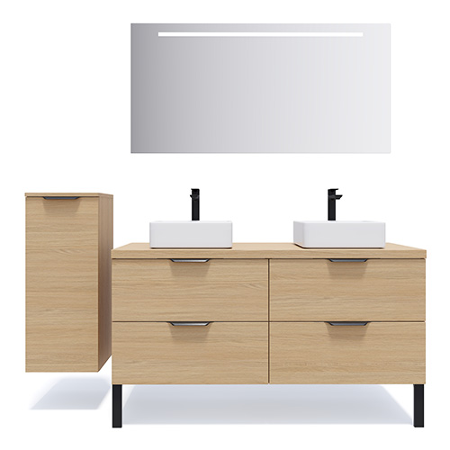 Meuble de salle de bains 140 cm Chêne clair - 4 tiroirs - 2 vasques carrées + miroir + demi-colonne ouverture à gauche - Loft