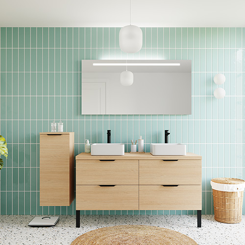 Meuble de salle de bains 140 cm Chêne clair - 4 tiroirs - 2 vasques carrées + miroir + demi-colonne ouverture à gauche - Loft
