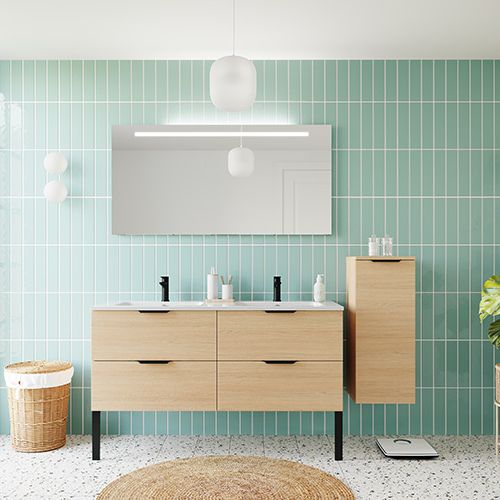 Meuble de salle de bains 140 cm Chêne clair - 4 tiroirs - double vasque + miroir + demi-colonne ouverture à droite - Loft
