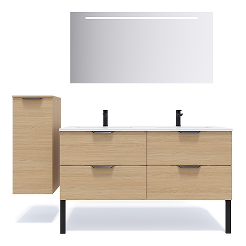 Meuble de salle de bains 140 cm Chêne clair - 4 tiroirs - double vasque + miroir + demi-colonne ouverture à gauche - Loft