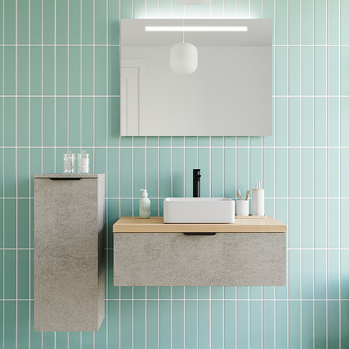 Meuble de salle de bains 90 cm Béton taloché - 1 tiroir - vasque carrée + miroir - Loft