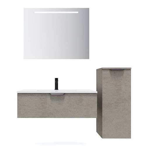 Meuble de salle de bains 90 cm Béton taloché - 1 tiroir - simple vasque + miroir + demi-colonne ouverture à droite - Loft