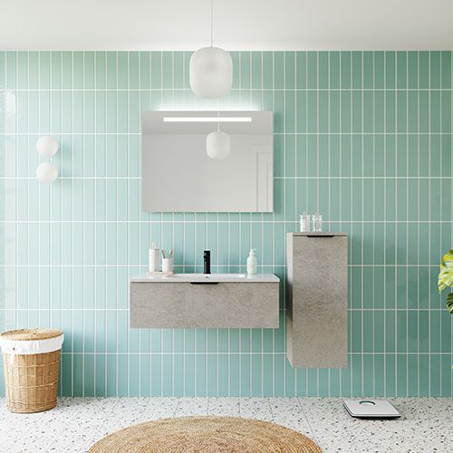 Meuble de salle de bains 90 cm Béton taloché - 1 tiroir - simple vasque + miroir + demi-colonne ouverture à droite - Loft