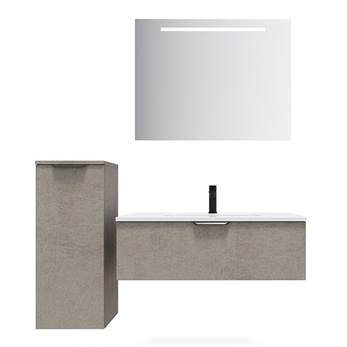Meuble de salle de bains 90 cm Béton taloché - 1 tiroir - simple vasque + miroir + demi-colonne ouverture à gauche - Loft
