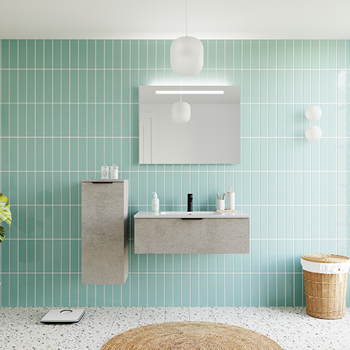 Meuble de salle de bains 90 cm Béton taloché - 1 tiroir - simple vasque + miroir + demi-colonne ouverture à gauche - Loft