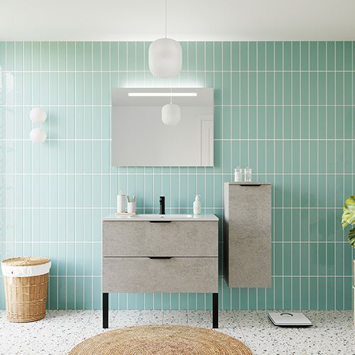 Meuble de salle de bains 90 cm Béton taloché - 2 tiroirs - simple vasque + miroir + demi-colonne ouverture à droite - Loft