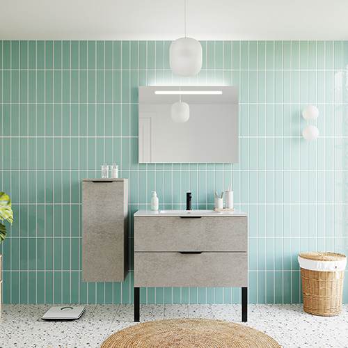 Meuble de salle de bains 90 cm Béton taloché - 2 tiroirs - simple vasque + miroir + demi-colonne ouverture à gauche - Loft