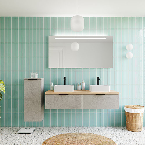 Meuble de salle de bains 140 cm Béton taloché - 2 tiroirs - 2 vasques carrées + miroir - Loft