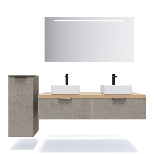 Meuble de salle de bains 140 cm Béton taloché - 2 tiroirs - 2 vasques carrées + miroir + demi-colonne ouverture à gauche - Loft