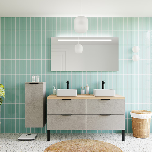Meuble de salle de bains 140 cm Béton taloché - 4 tiroirs - 2 vasques carrées + miroir - Loft
