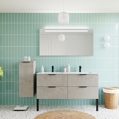 Meuble de salle de bains 140 cm Béton taloché - 4 tiroirs - double vasque + miroir + demi-colonne ouverture à gauche - Loft