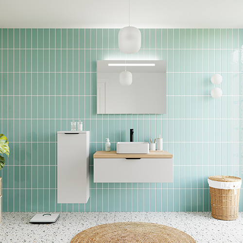 Meuble de salle de bains 90 cm Opale blanc - 1 tiroir - vasque carrée + miroir - Loft