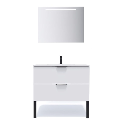 Meuble de salle de bains 90 cm Opale blanc - 2 tiroirs - simple vasque + miroir - Loft