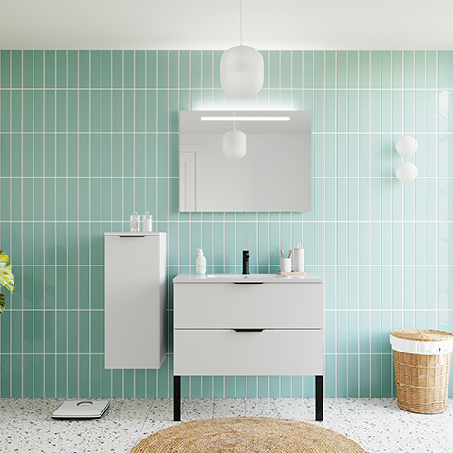 Meuble de salle de bains 90 cm Opale blanc - 2 tiroirs - simple vasque + miroir - Loft