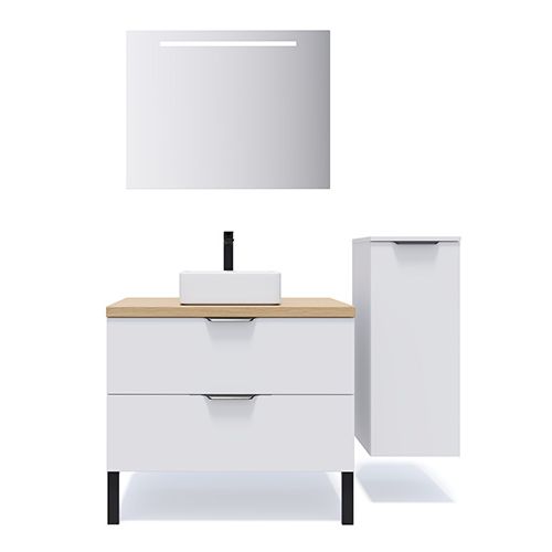 Meuble de salle de bains 90 cm Opale blanc - 2 tiroirs - vasque carrée + miroir + demi-colonne ouverture à droite - Loft