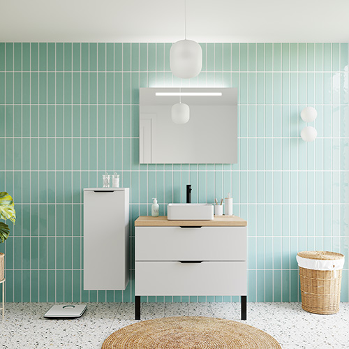 Meuble de salle de bains 90 cm Opale blanc - 2 tiroirs - vasque carrée + miroir + demi-colonne ouverture à gauche - Loft
