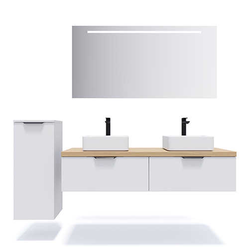 Meuble de salle de bains 140 cm Opale blanc - 2 tiroirs - 2 vasques carrées + miroir - Loft
