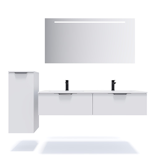 Meuble de salle de bains 140 cm Opale blanc - 2 tiroirs - double vasque + miroir - Loft