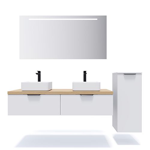 Meuble de salle de bains 140 cm Opale blanc - 2 tiroirs - 2 vasques carrées + miroir + demi-colonne ouverture à droite - Loft