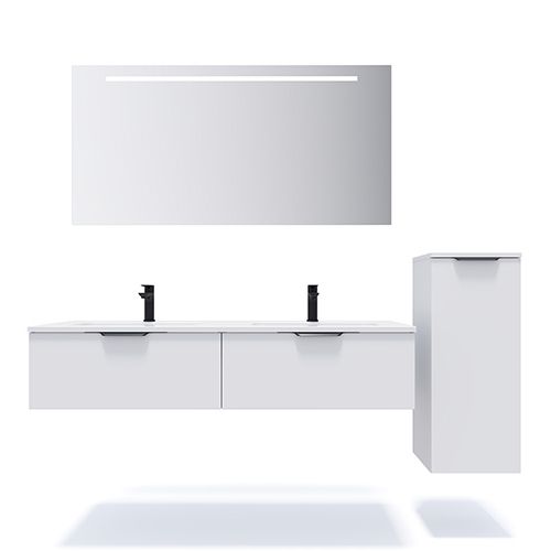 Meuble de salle de bains 140 cm Opale blanc - 2 tiroirs - double vasque + miroir + demi-colonne ouverture à droite - Loft