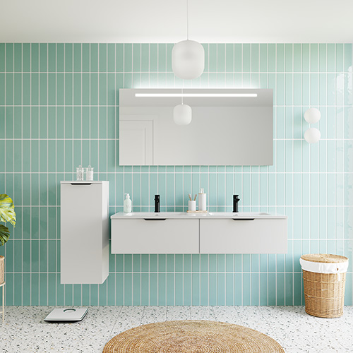 Meuble de salle de bains 140 cm Opale blanc - 2 tiroirs - double vasque + miroir + demi-colonne ouverture à gauche - Loft