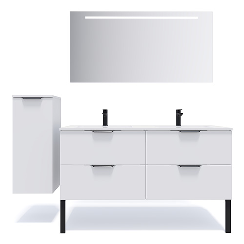 Meuble de salle de bain suspendu double vasque intégrée 140cm 4 tiroirs Blanc + miroir - Loft