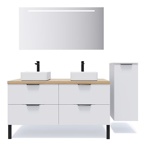 Meuble de salle de bain suspendu 2 vasques à poser 140cm 4 tiroirs Blanc + miroir + colonne ouverture droite - Loft