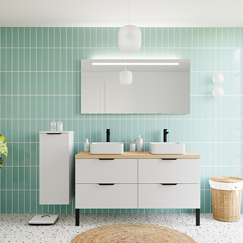 Meuble de salle de bain suspendu 2 vasques à poser 140cm 4 tiroirs Blanc + miroir + colonne ouverture gauche - Loft