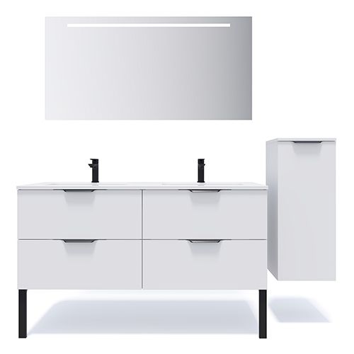 Meuble de salle de bain suspendu double vasque intégrée 140cm 4 tiroirs Blanc + miroir + colonne ouverture droite - Loft