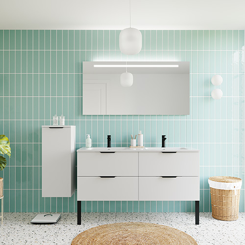 Meuble de salle de bain suspendu double vasque intégrée 140cm 4 tiroirs Blanc + miroir + colonne ouverture gauche - Loft