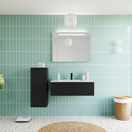 Meuble de salle de bain suspendu vasque intégrée 90cm 1 tiroir Noir + miroir - Loft