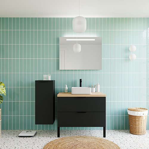 Meuble de salle de bain suspendu vasque à poser 90cm 2 tiroirs Noir + miroir - Loft