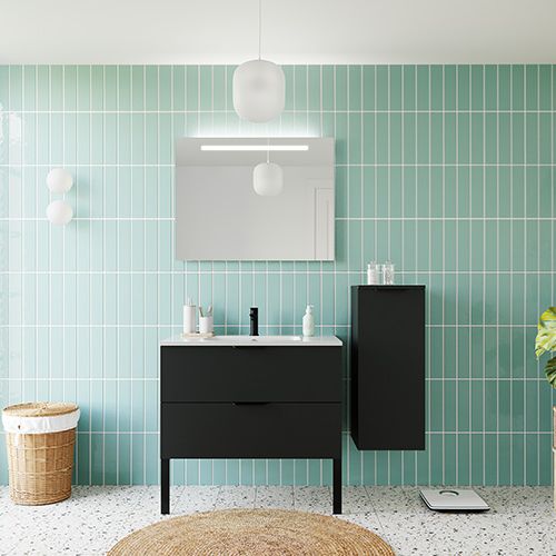 Meuble de salle de bain suspendu vasque intégrée 90cm 2 tiroirs Noir + miroir + colonne ouverture droite - Loft
