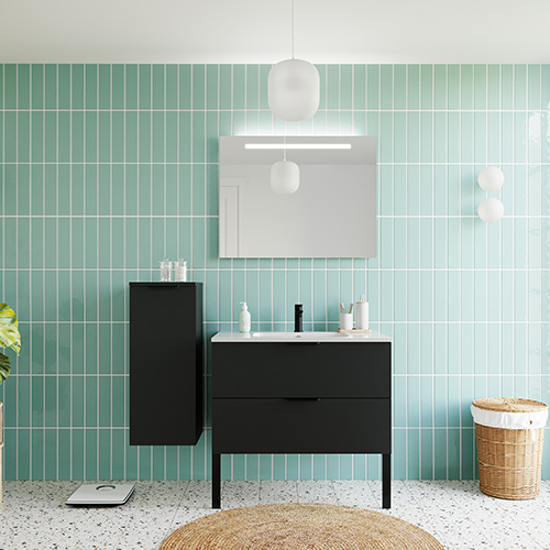 Meuble de salle de bain suspendu vasque intégrée 90cm 2 tiroirs Noir + miroir + colonne ouverture gauche - Loft