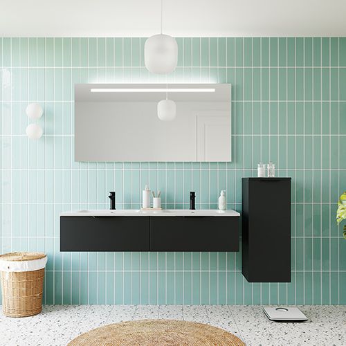 Meuble de salle de bain suspendu double vasque intégrée 140cm 2 tiroirs Noir + miroir + colonne ouverture droite - Loft