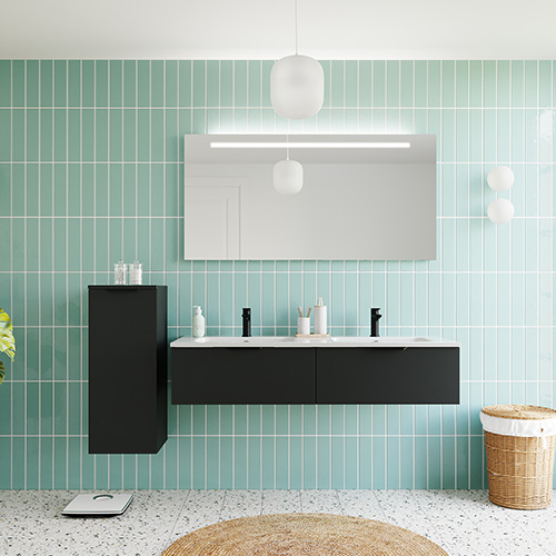 Meuble de salle de bain suspendu double vasque intégrée 140cm 2 tiroirs Noir + miroir + colonne ouverture gauche - Loft