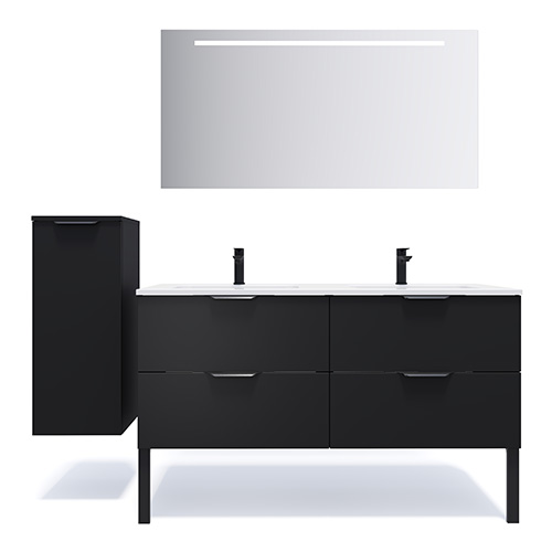 Meuble de salle de bain suspendu double vasque intégrée 140cm 4 tiroirs Noir + miroir - Loft