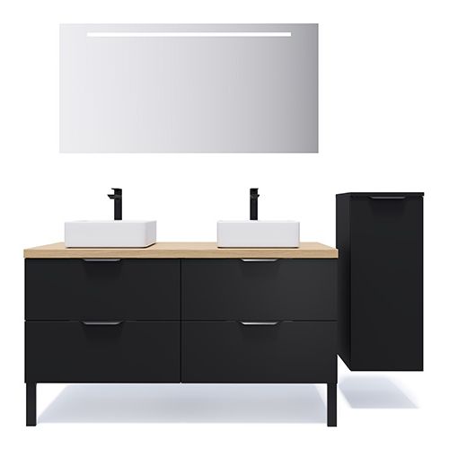 Meuble de salle de bain suspendu 2 vasques à poser 140cm 4 tiroirs Noir + miroir + colonne ouverture droite - Loft