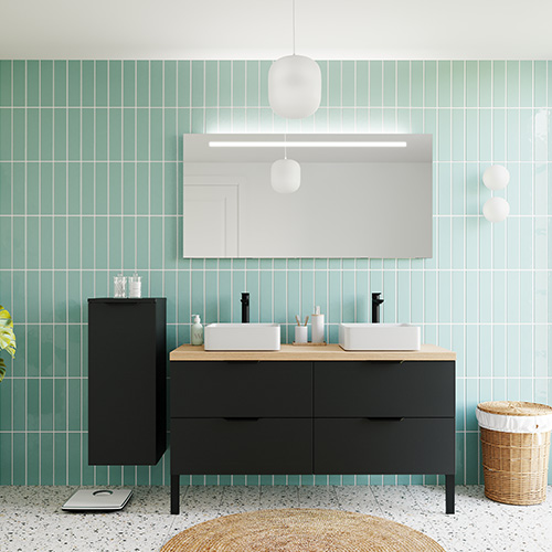 Meuble de salle de bain suspendu 2 vasques à poser 140cm 4 tiroirs Noir + miroir + colonne ouverture gauche - Loft