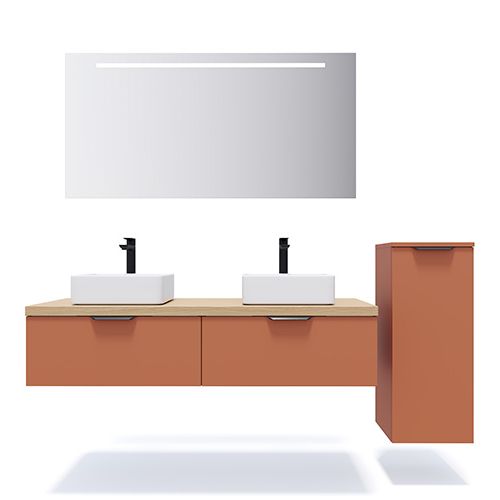 Meuble de salle de bains 140 cm Terracotta - 2 tiroirs - 2 vasques carrées + miroir + demi-colonne ouverture à droite - Loft